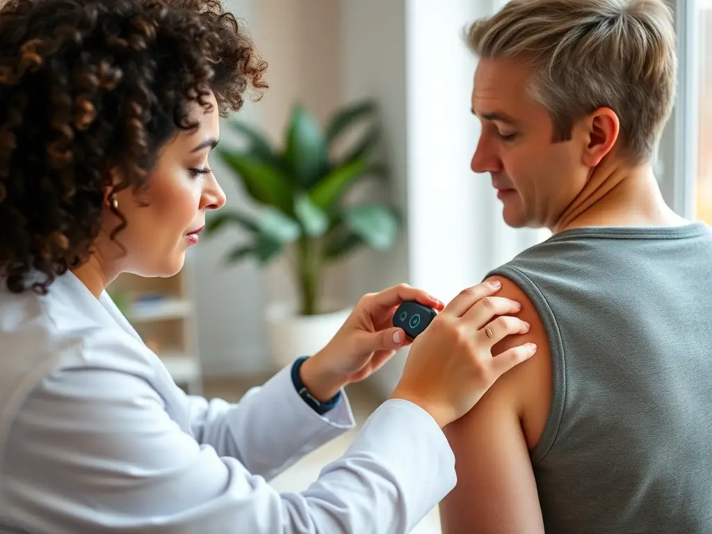 An image of a practitioner gently applying the Myopulse device to a client's shoulder, illustrating the precision and care involved in the treatment.